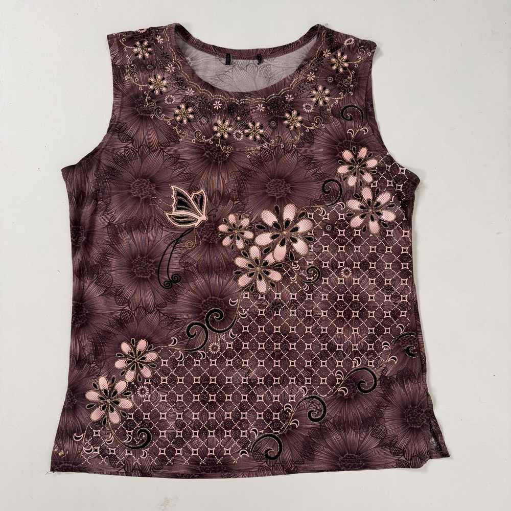 Sleeveless Y2K Floral Gold Embellished Tank Top - Mauve Pink